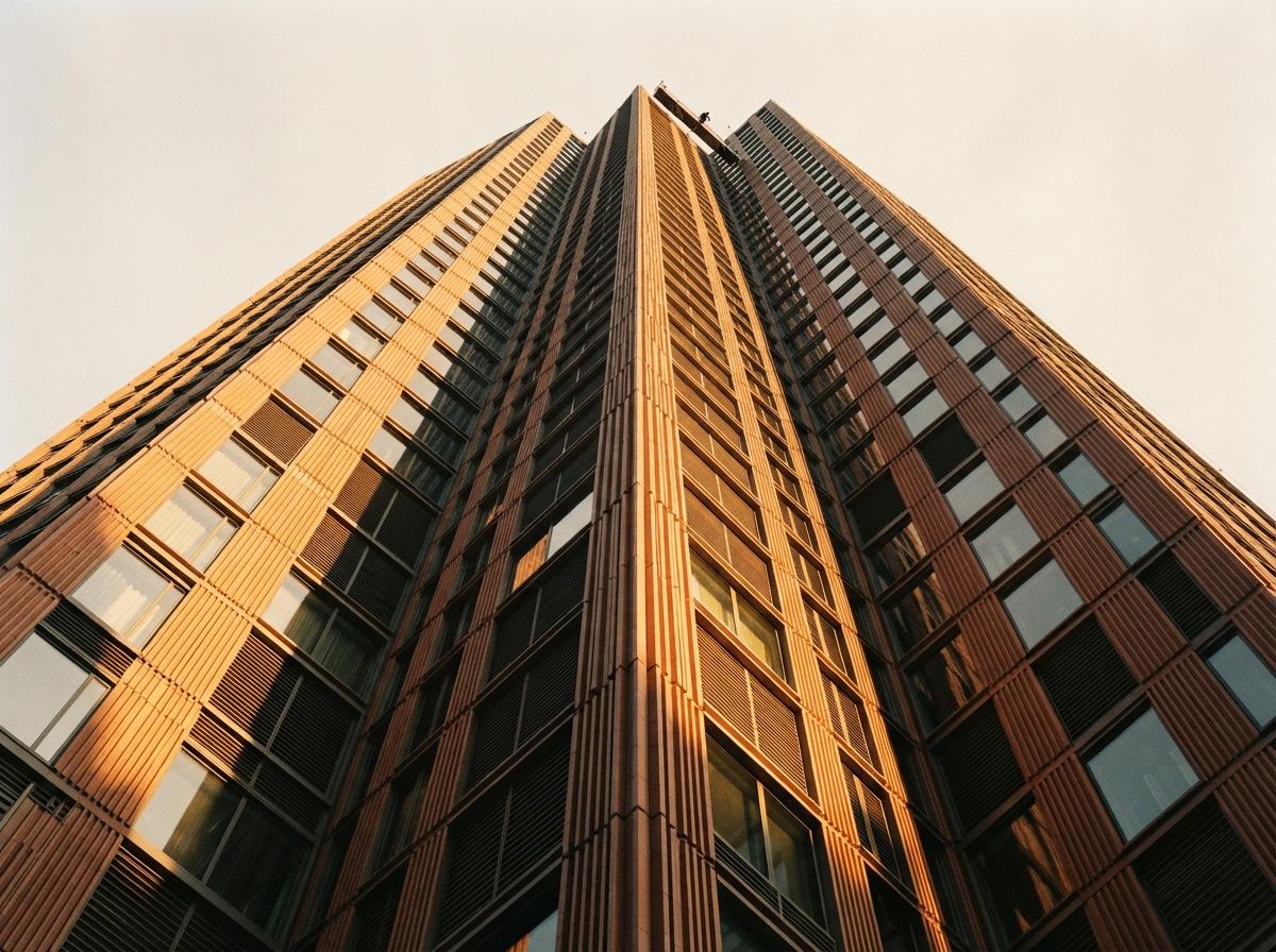 A low-angle macro view of textured terracotta building panels caught in sharp morning light shadows.