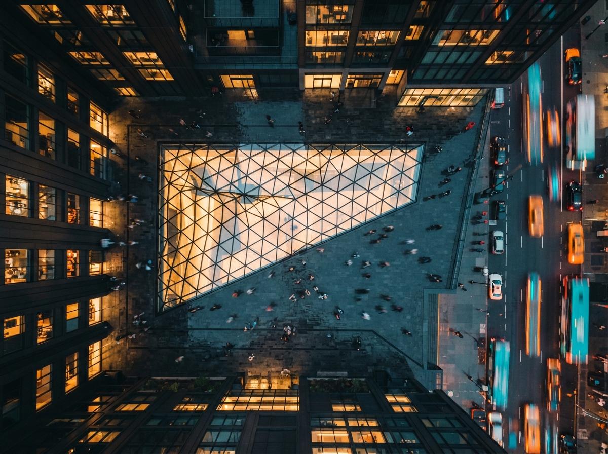 A top-down aerial night shot of an illuminated glass courtyard with surrounding street light trails.