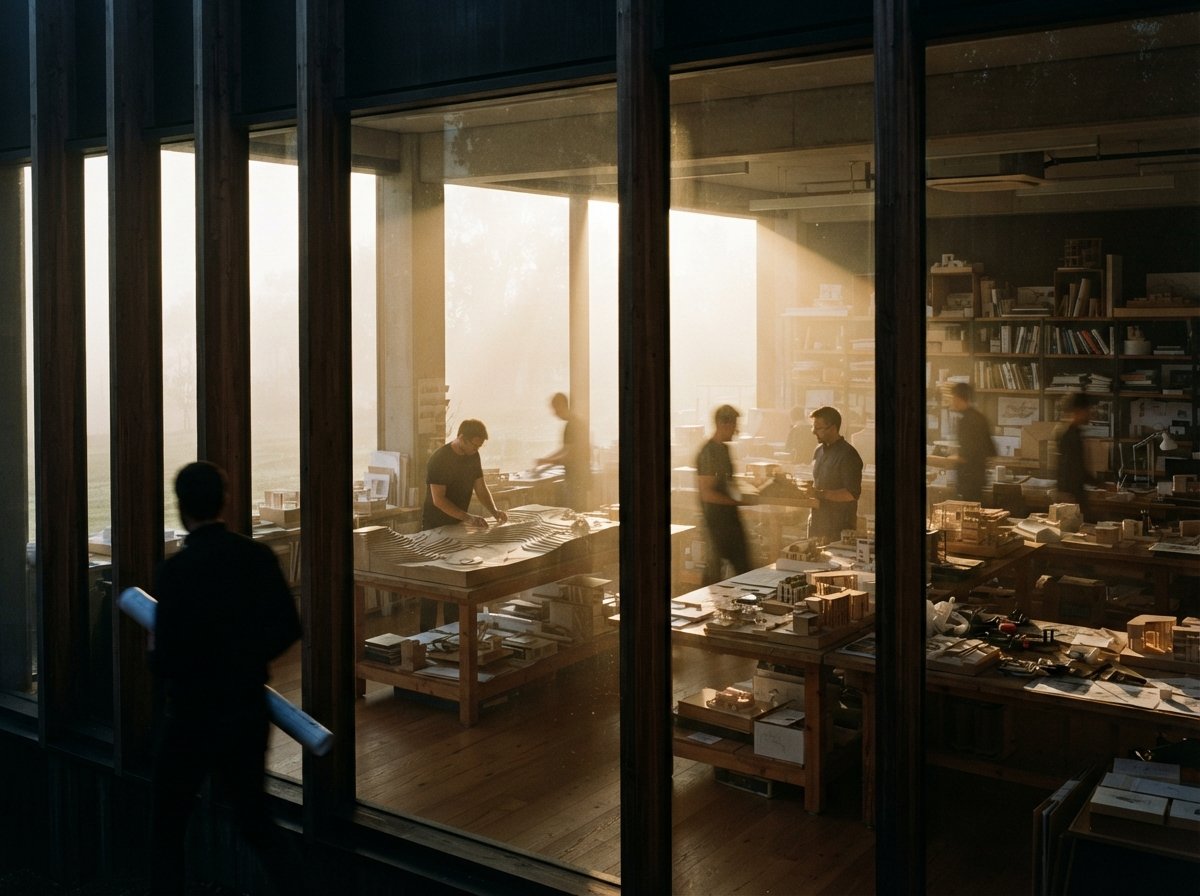 Morning light cuts through fog in an architectural studio filled with physical models.