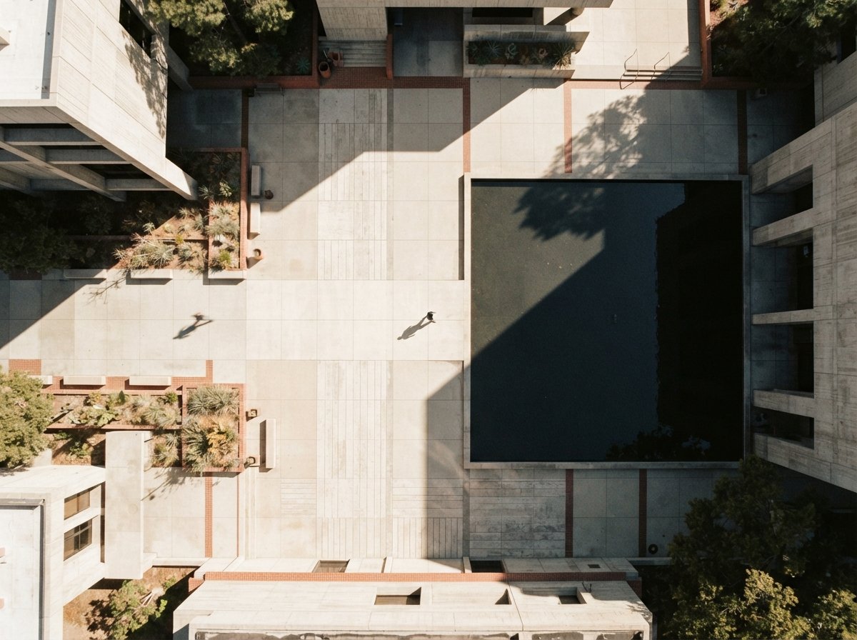 A top-down drone photo of a concrete plaza with sharp shadows cast by pedestrians.
