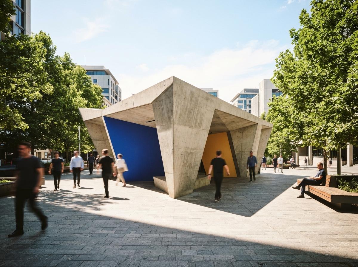 A vibrant urban plaza features a bright cobalt blue and yellow architectural pavilion bathed in harsh midday sunlight.