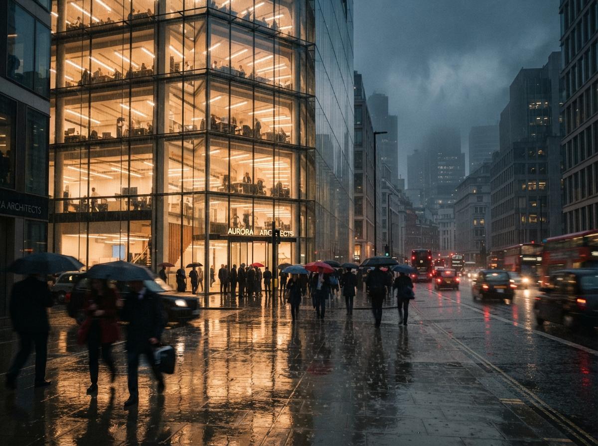Pedestrians walk past a modern glass architectural office building on a rainy, reflective morning street.