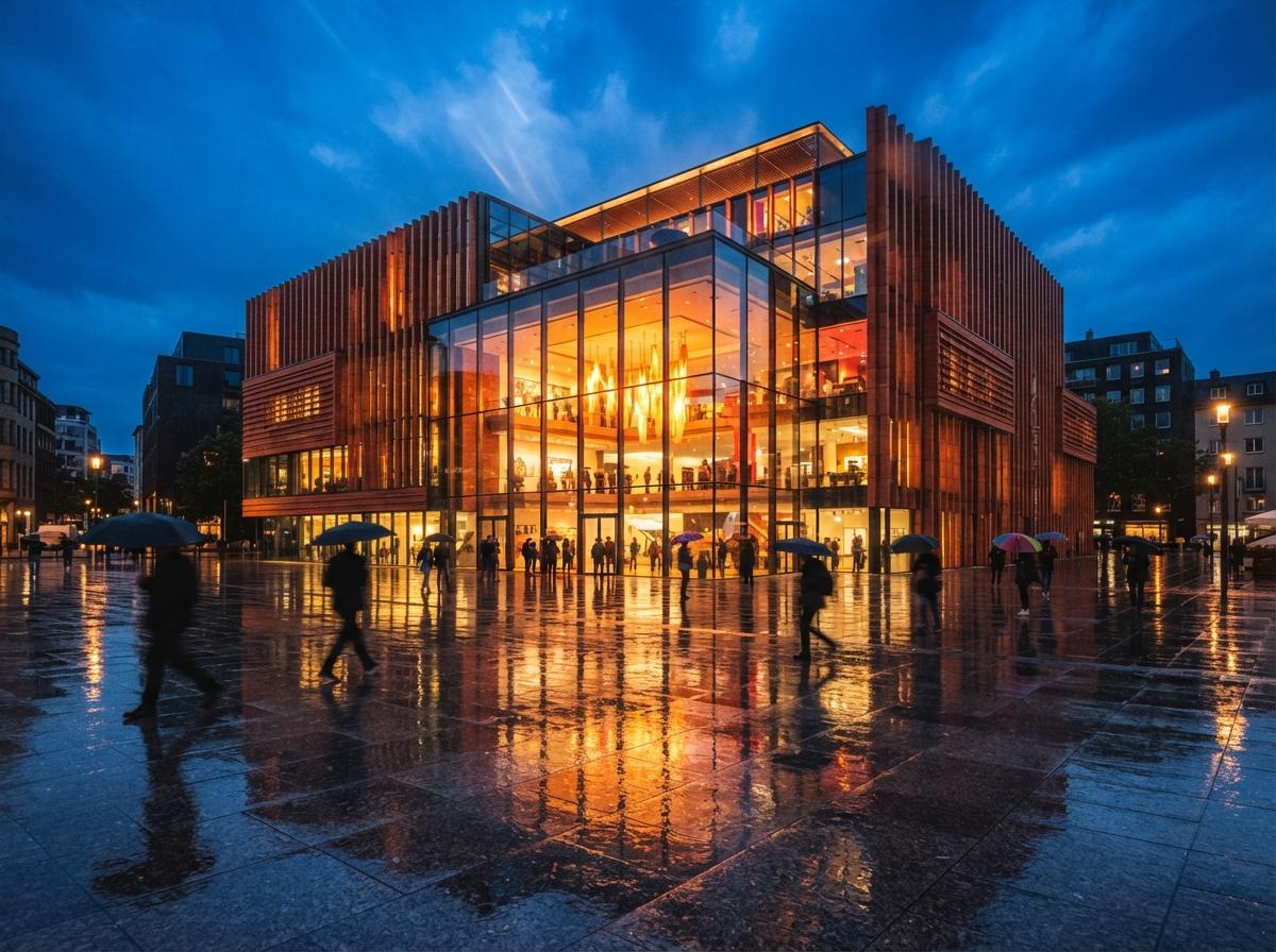 Pedestrians walk past a glowing modern glass pavilion reflected in wet plaza pavement at dusk.