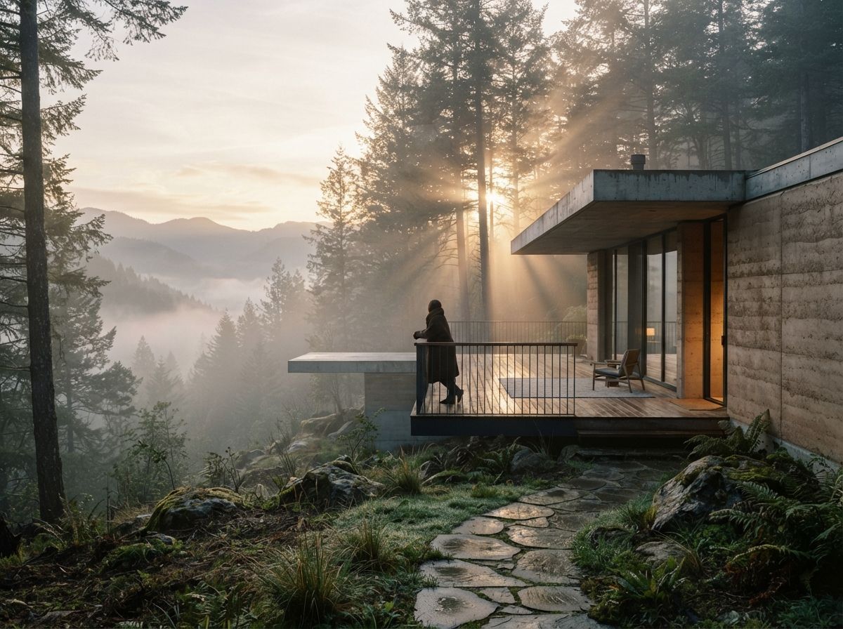 A modern rammed-earth villa stands on a foggy hillside illuminated by early morning sunbeams.