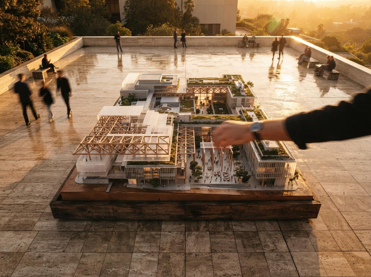 Overhead drone perspective of an architectural scale model sitting on a terrace in late afternoon light.