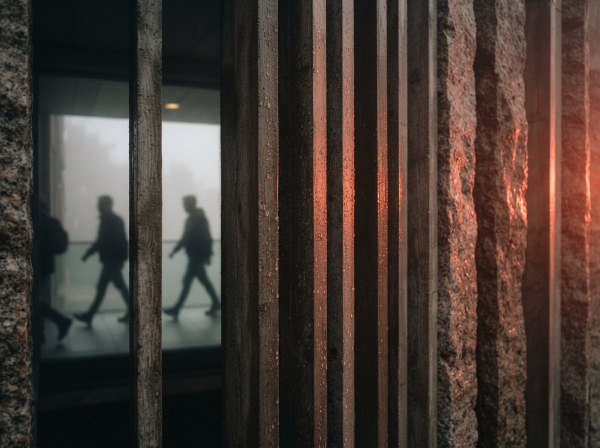 Close-up textural photo of fog-covered concrete building fins lit by sharp sunrise light.