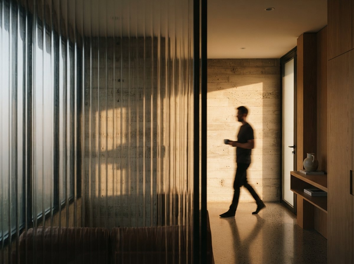 A close-up view through textured ribbed glass showing golden morning light casting geometric shadows on concrete and wood interiors.