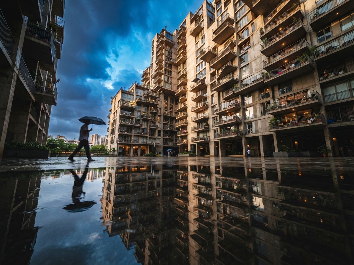 A low-angle ground-level photo looking up at a modern building facade with its complete reflection mirrored in a standing rain puddle.