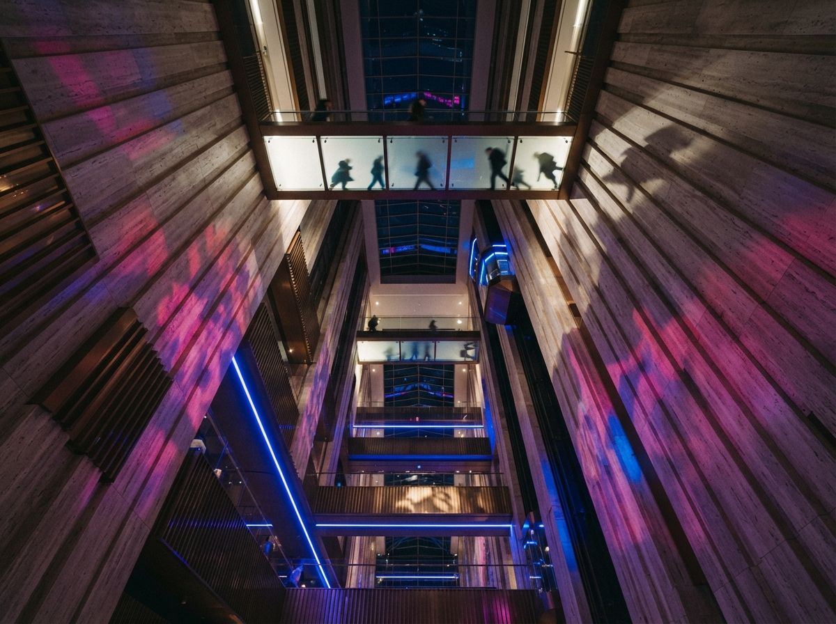 An extreme low-angle perspective looking up a tall atrium illuminated by vibrant artificial night lighting.