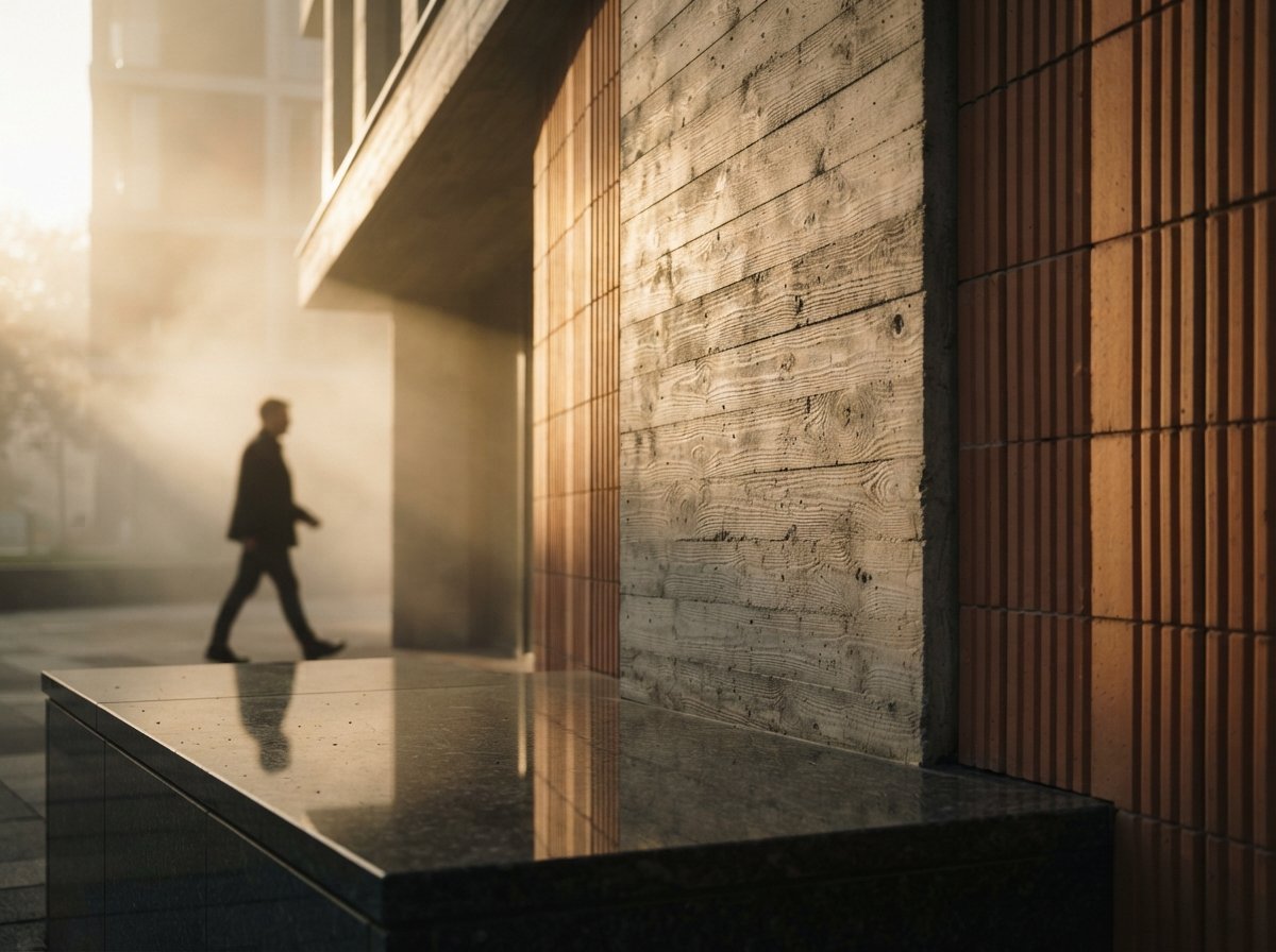 A close-up photograph of textured concrete and terracotta wall in dense morning fog.