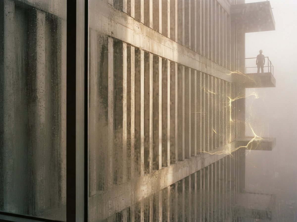 A close-up photograph of a fluted concrete facade dissolving into a wireframe mesh in morning fog.