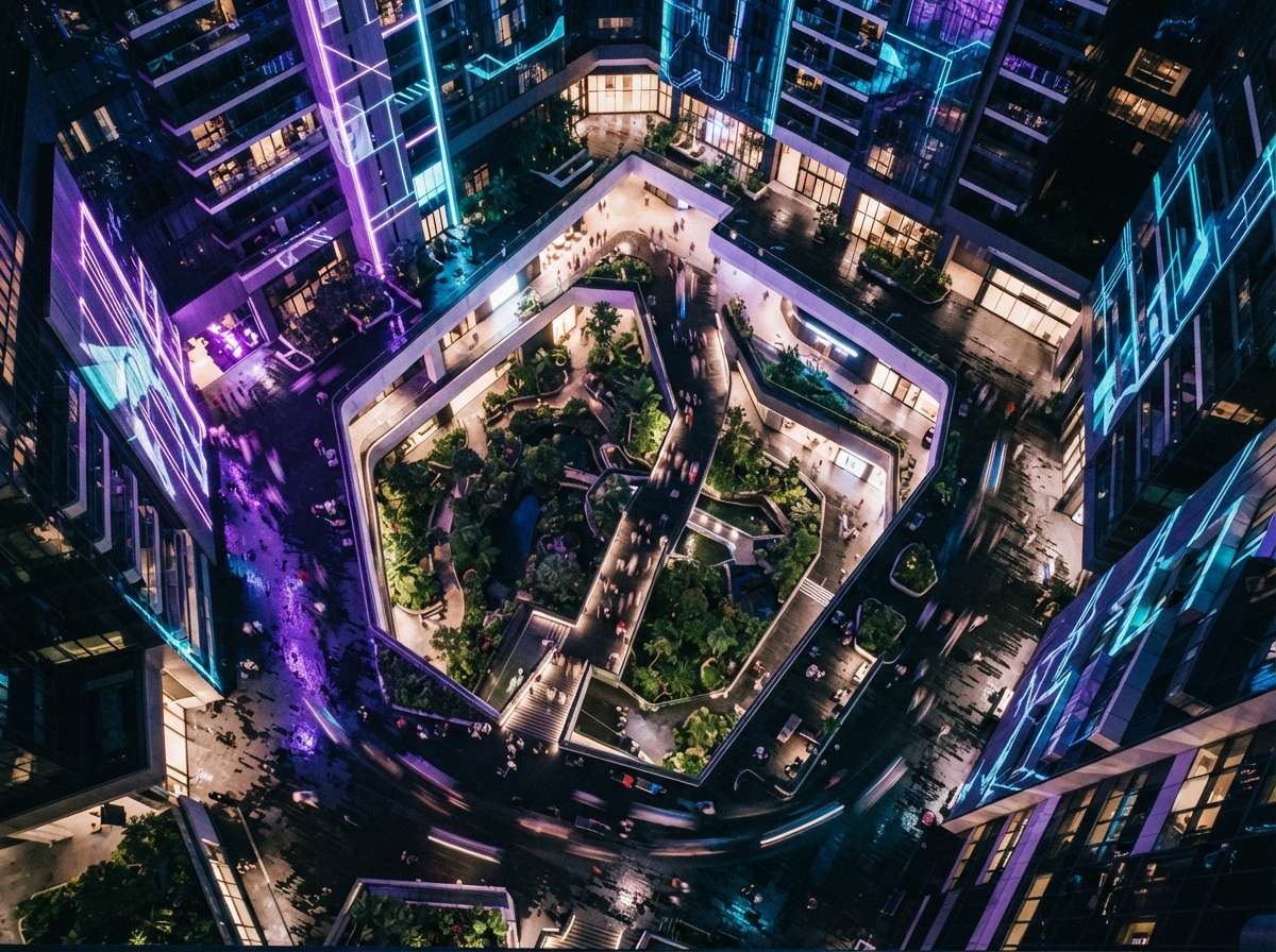 A top-down aerial photograph of a night-lit skyscraper courtyard featuring vibrant violet projection light.