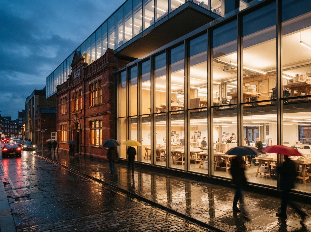 A rain-slicked street scene showing a historic brick facade integrated beneath a modern glass structure.