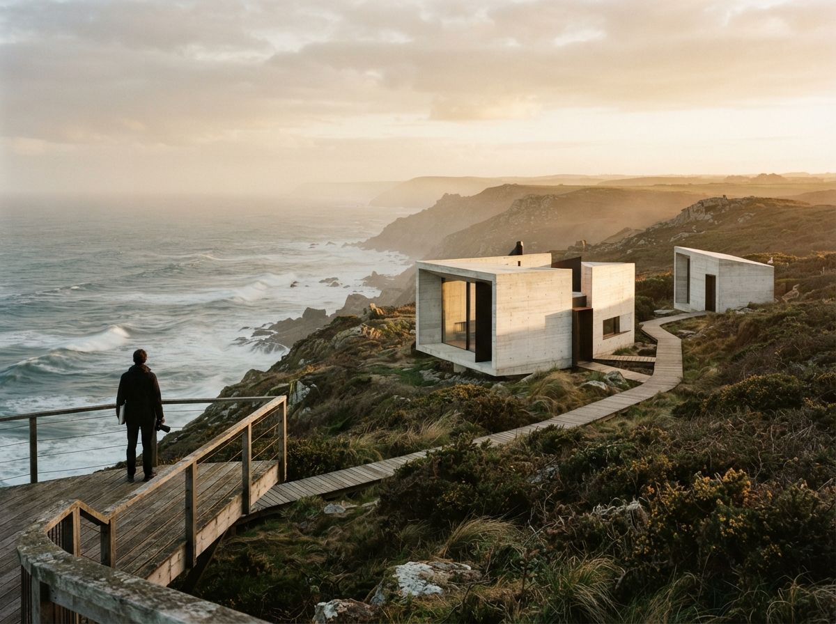 Three concrete pavilions sit atop a grassy coastal cliff during golden hour.