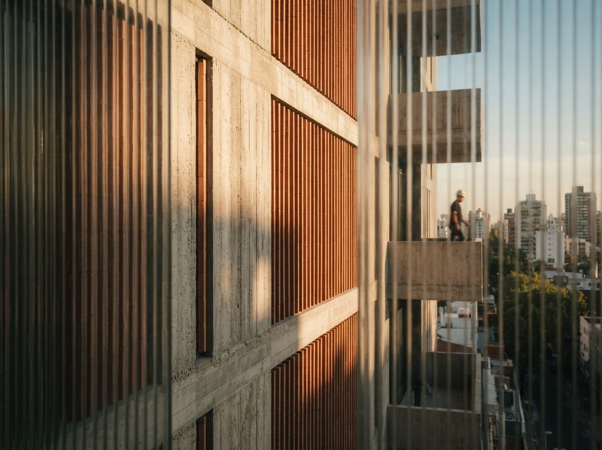 A detailed architectural macro shot of ribbed terracotta and concrete panels taken through fluted glass with strong diagonal shadows.