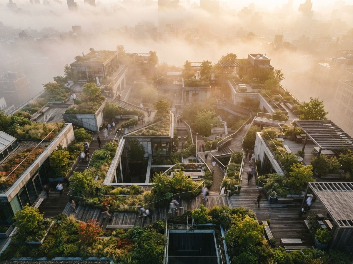 A top-down aerial drone view of a geometric modern rooftop garden emerging through dense morning fog.