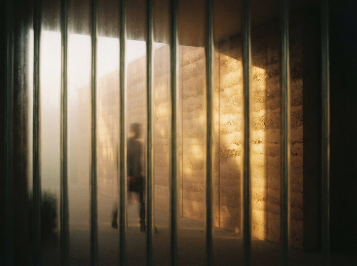 A macro close-up of fluted glass and rammed earth facade with a silhouetted figure in morning fog.