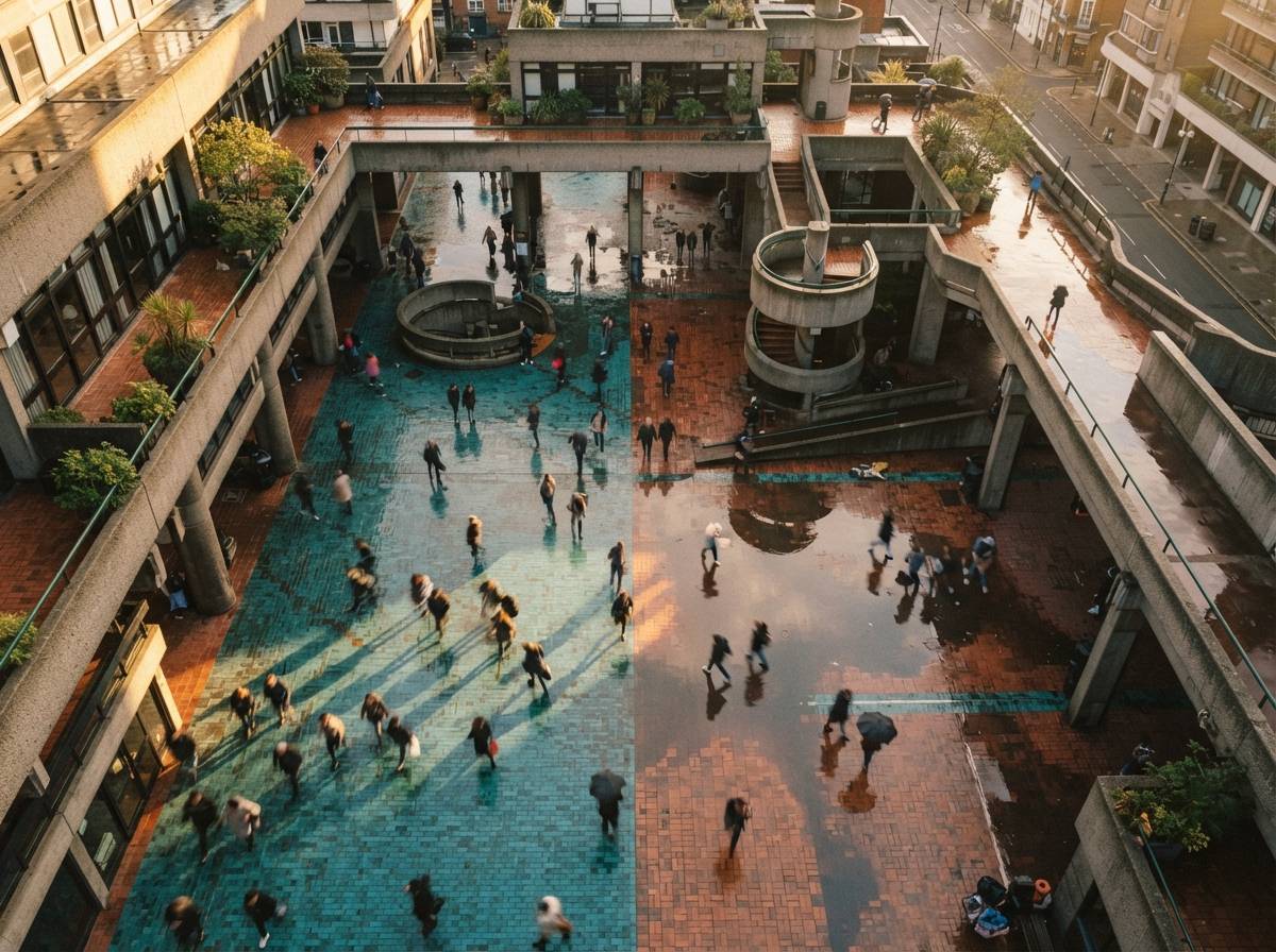A top-down drone photograph of a rain-slicked plaza with turquoise tiles and long shadows.