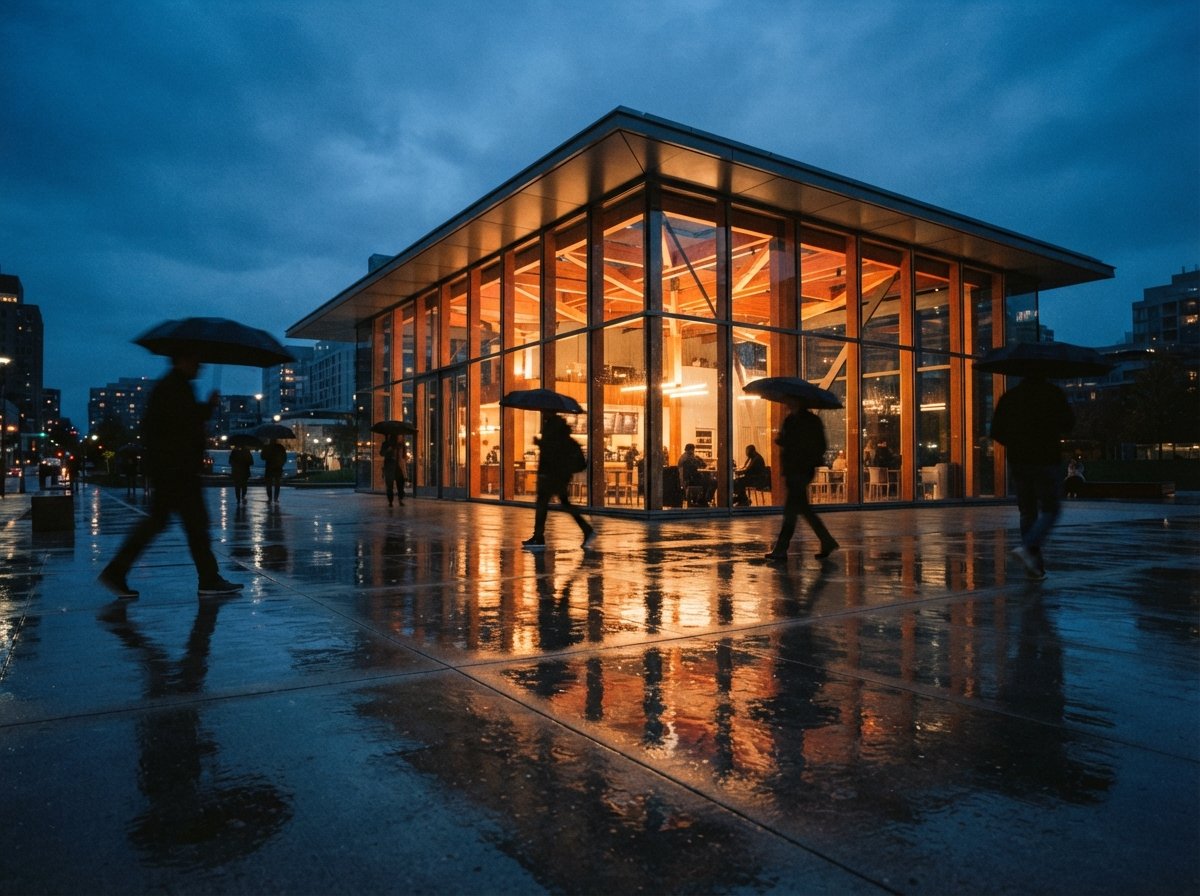 A glass pavilion glows brightly on a rain-slicked plaza at dusk.