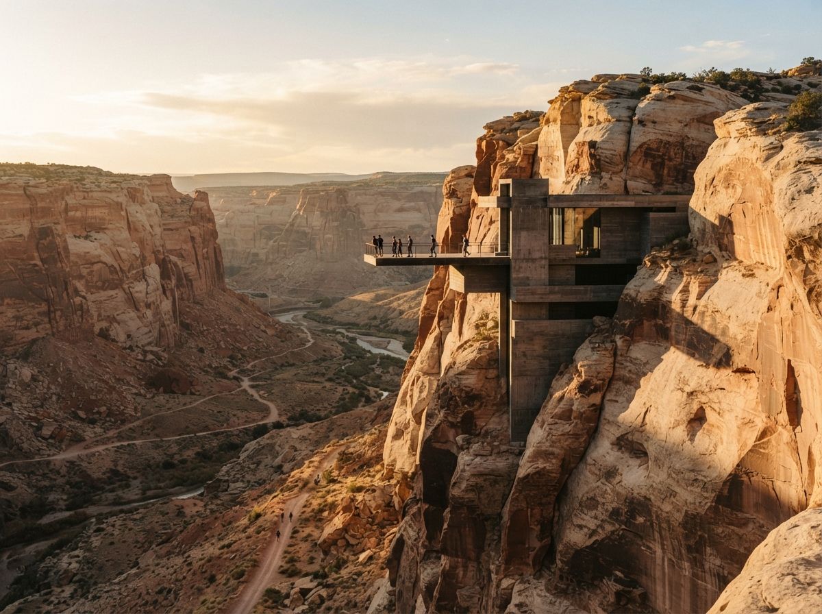 A concrete structure built into a canyon cliff catches late afternoon sunlight.