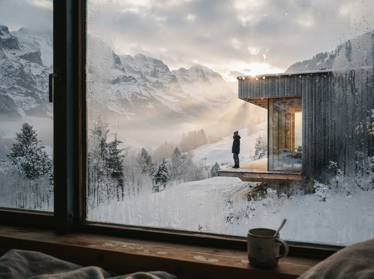 A view framed through frosted glass looking at a cantilevered wooden cabin during a clearing mountain snowstorm.