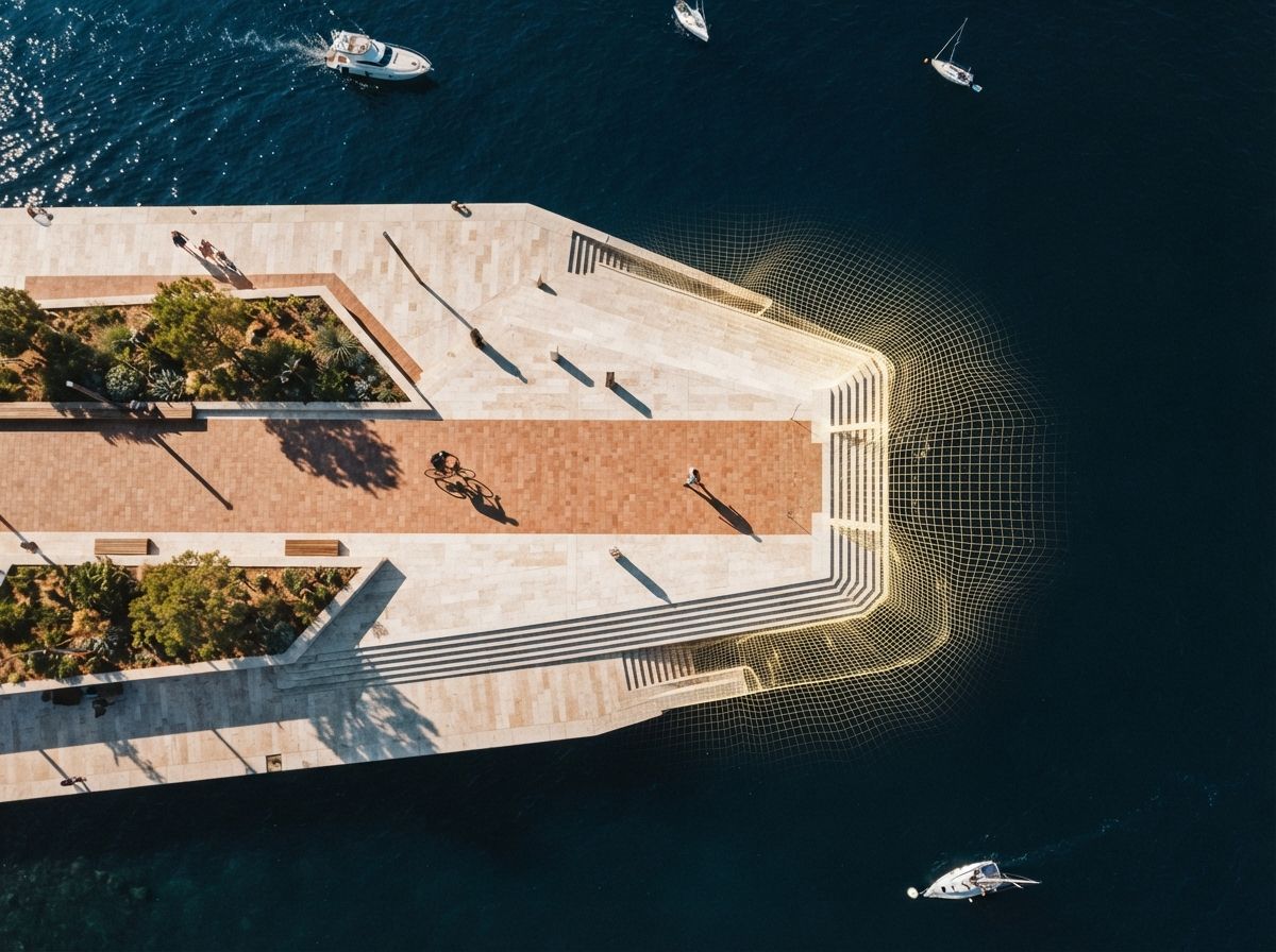 A top-down drone photograph showing a travertine courtyard transitioning into a wireframe mesh near ocean waters.