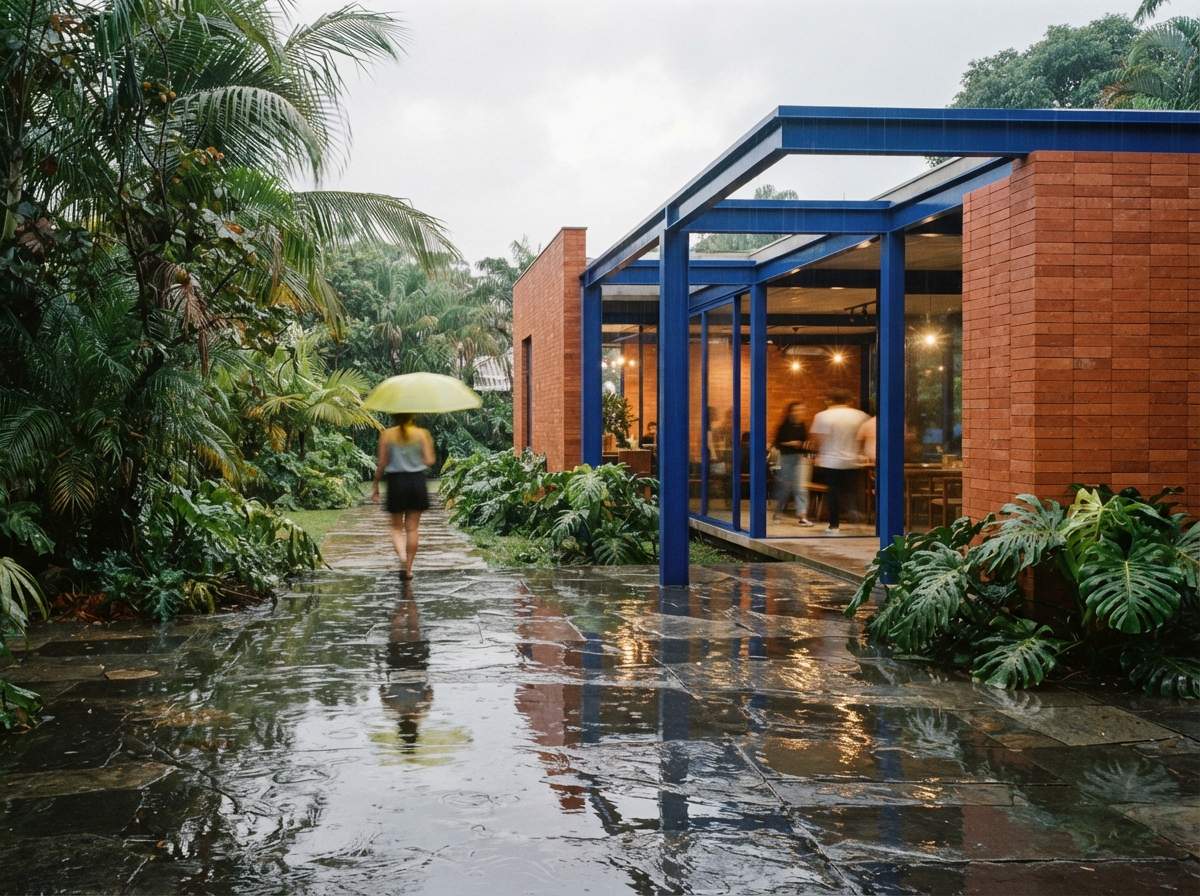 A rain-washed pavilion built with terracotta and cobalt accents stands in a garden courtyard.