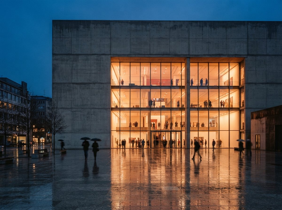 A modern concrete building glows from inside onto a damp plaza at twilight.