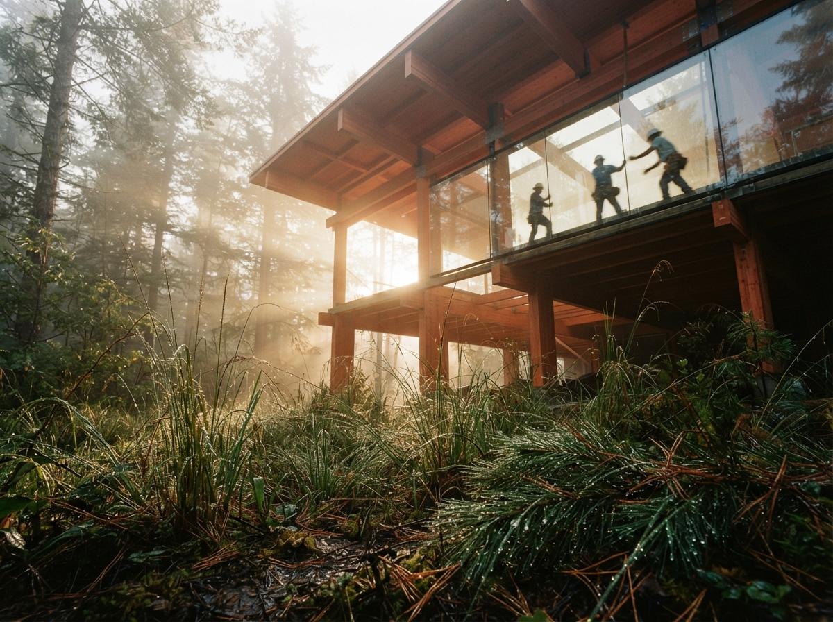 A low-angle view from the grass shows a timber and glass structure surrounded by misty morning forest light.