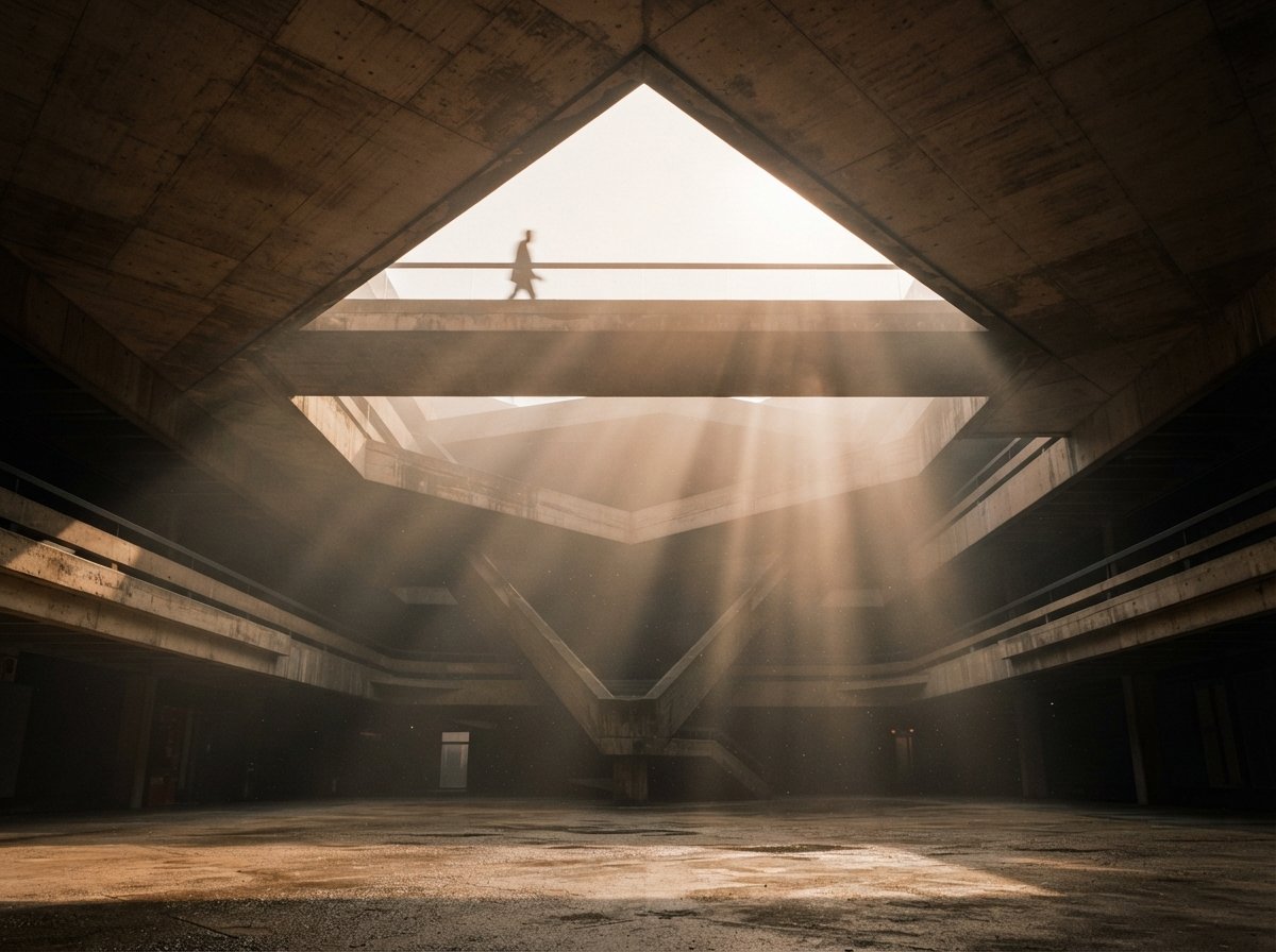 A worm's-eye view looking straight up through a concrete building skylight filled with morning fog and sunbeams.