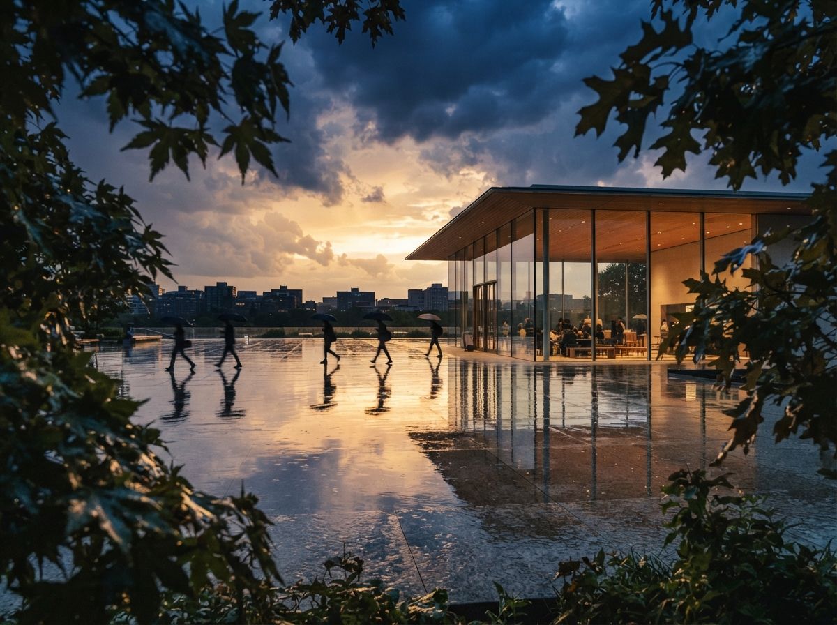 A wide shot framed through wet foliage showing a glass pavilion reflecting dramatic storm clouds on a flooded stone plaza.