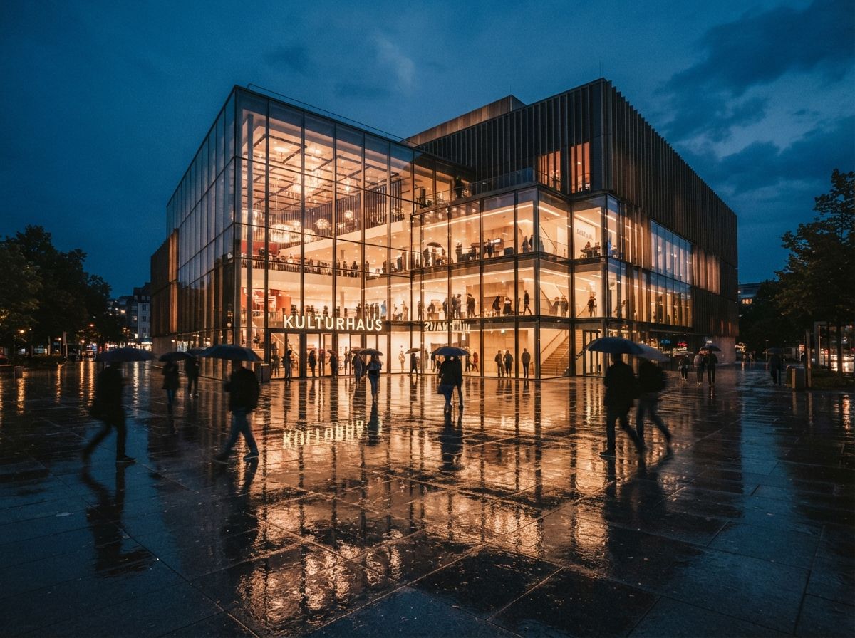 Pedestrians walk past an illuminated glass cultural center reflected on rain-slicked pavement at dusk.