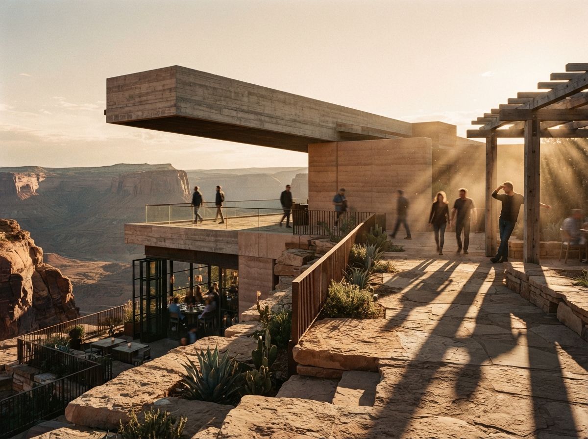A modern rammed-earth pavilion perched above a desert canyon bathed in golden hour light.