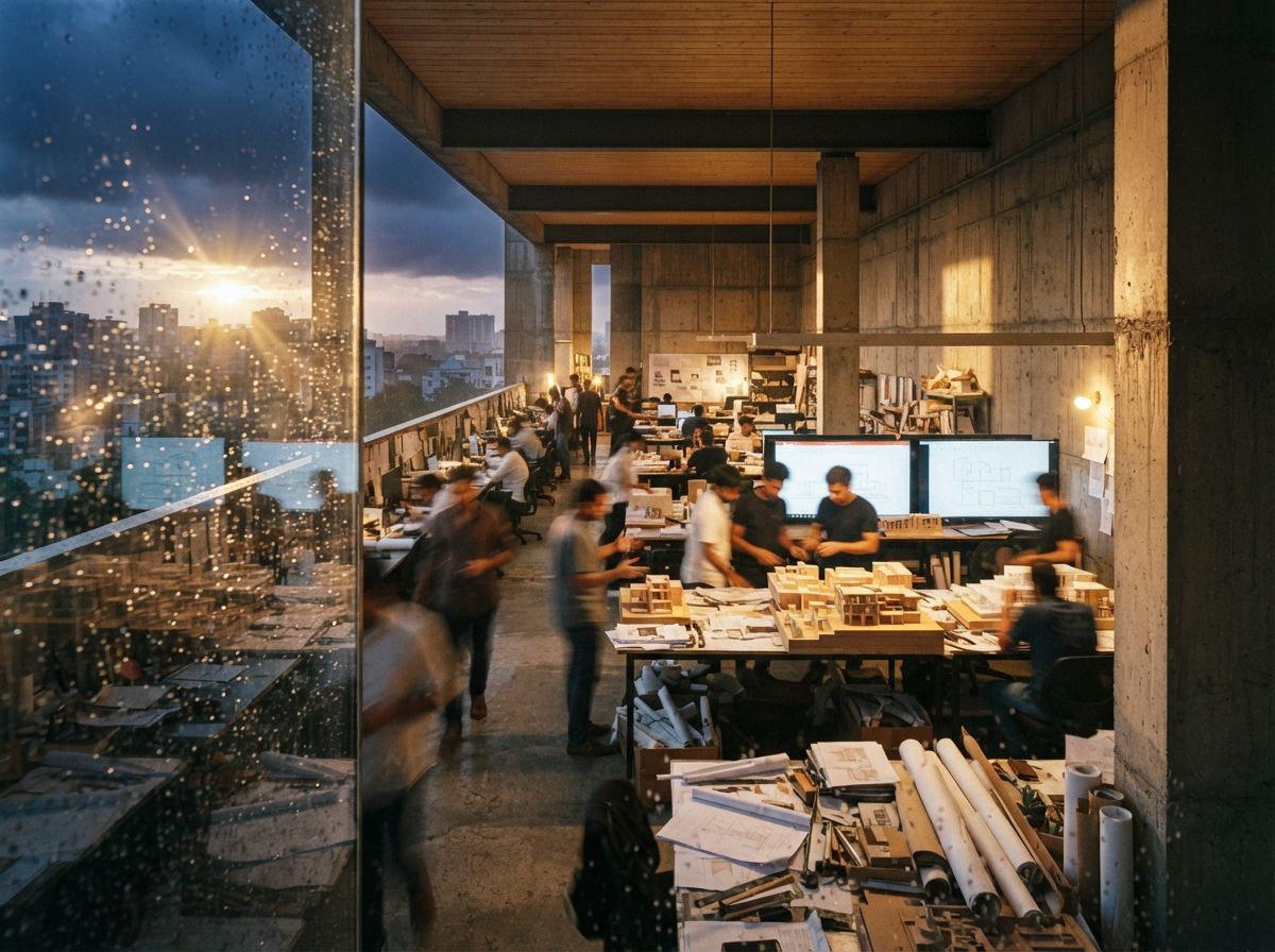 An architectural studio viewed through rain-streaked glass as golden sunlight breaks through dark storm clouds.