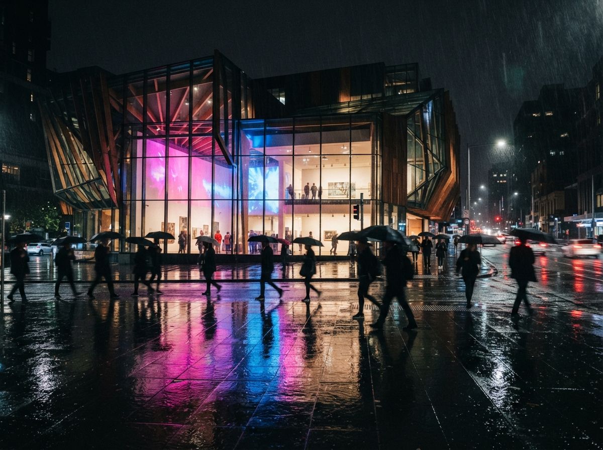 A modern building illuminated by colorful projection lights reflecting on rain-soaked asphalt at night.