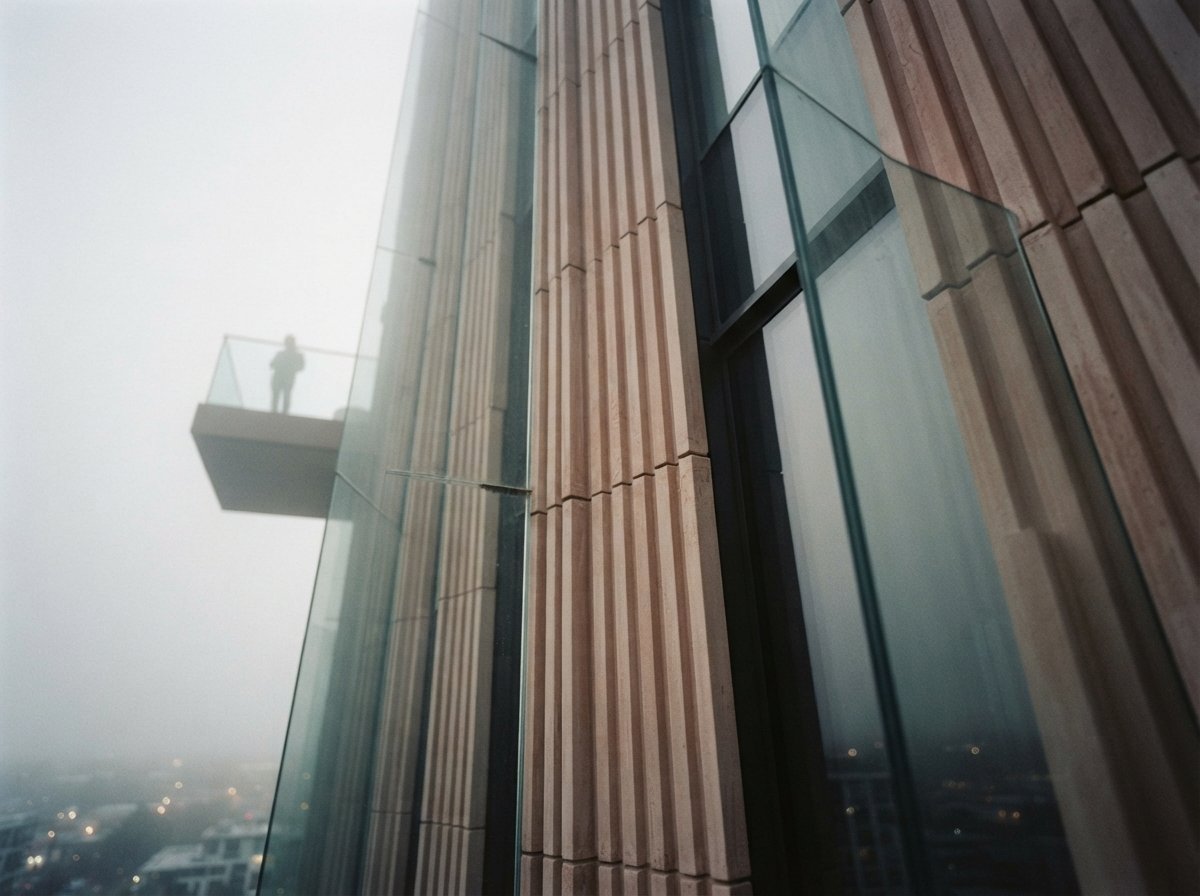 An abstract close-up shot of fluted terracotta facade panels on a tower in foggy morning light.