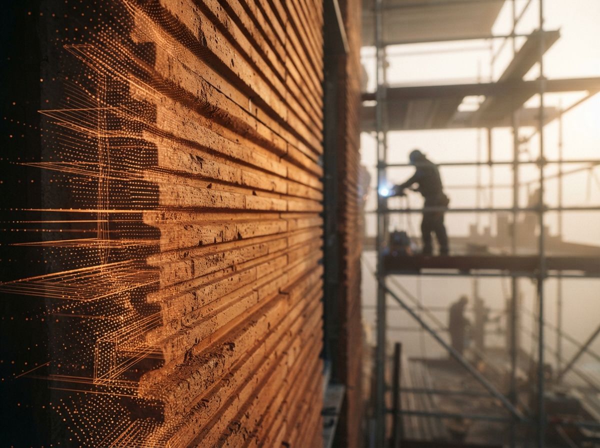 A close-up shot of ribbed terracotta facade panels illuminated by low morning light in fog.