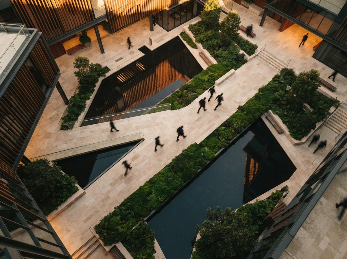 An overhead drone photograph of a modern stone courtyard with water basins reflecting the sky.
