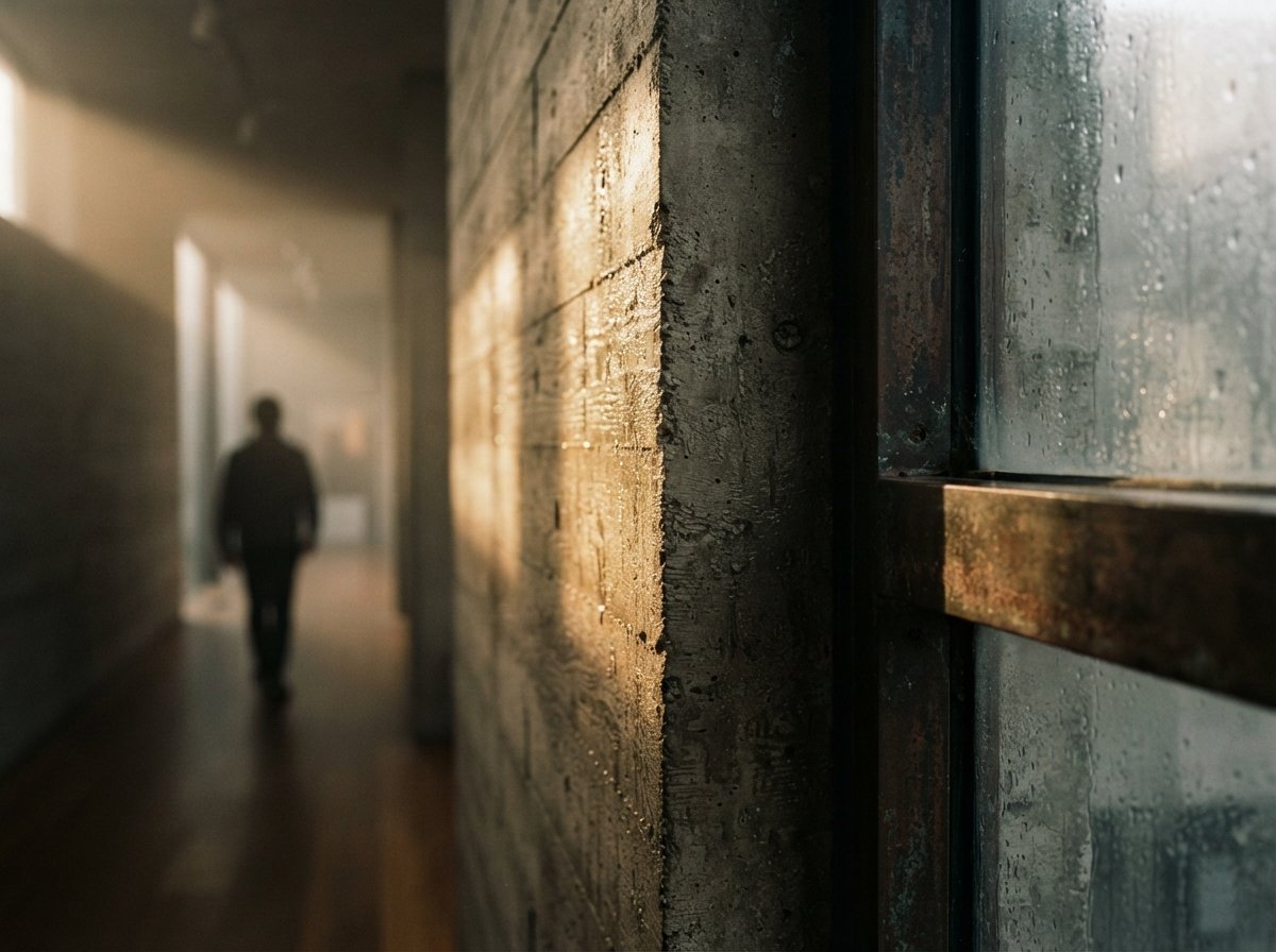 A close-up photograph of foggy dawn light hitting a textured concrete and bronze window frame.