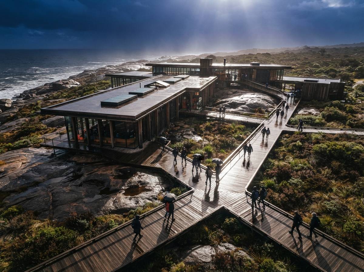 A top-down aerial photograph of a timber pavilion complex on wet granite during a storm clearing.