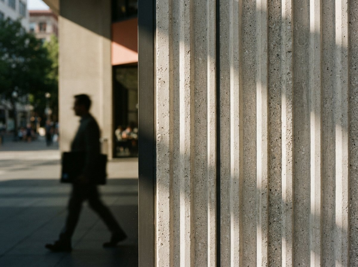 A macro photograph of a ribbed concrete building facade with raking morning sunlight casting sharp shadows.