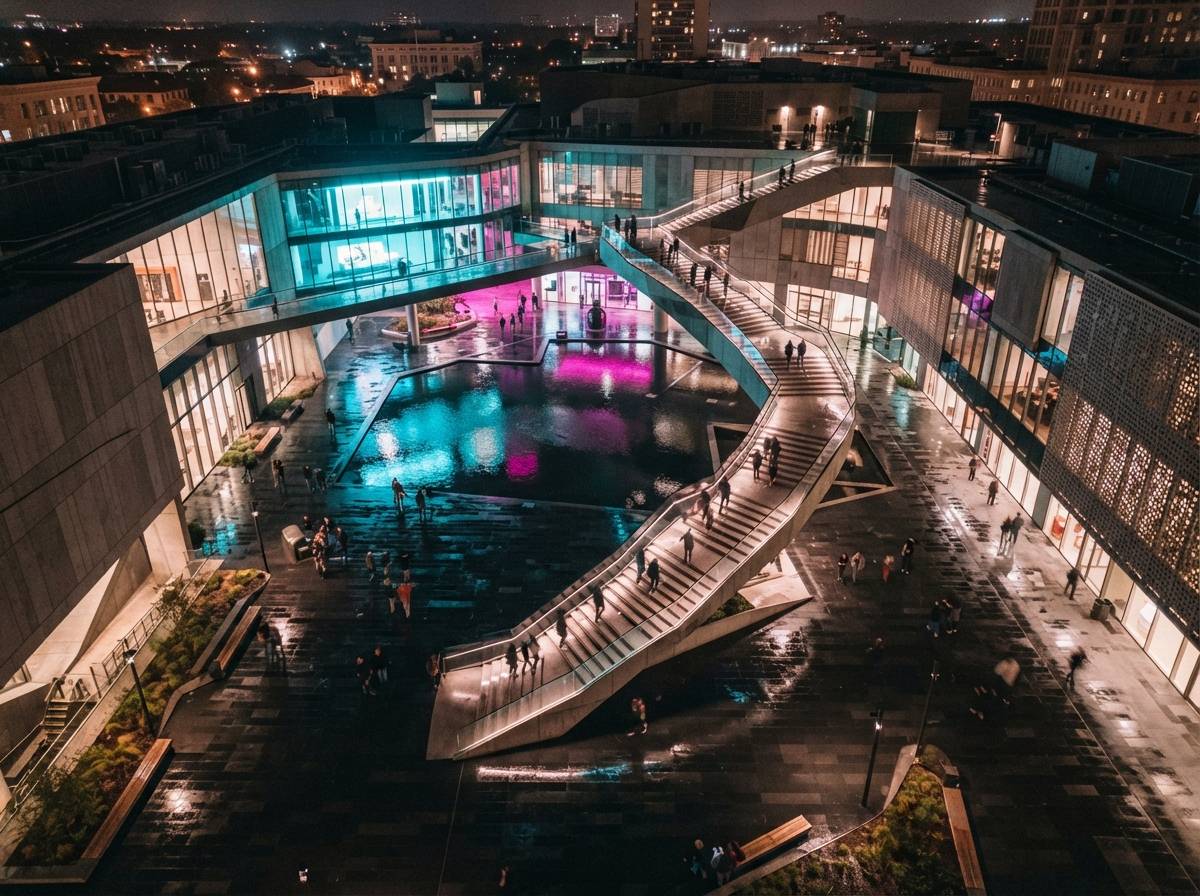 A top-down drone photograph of an illuminated museum plaza with reflection pools at night.
