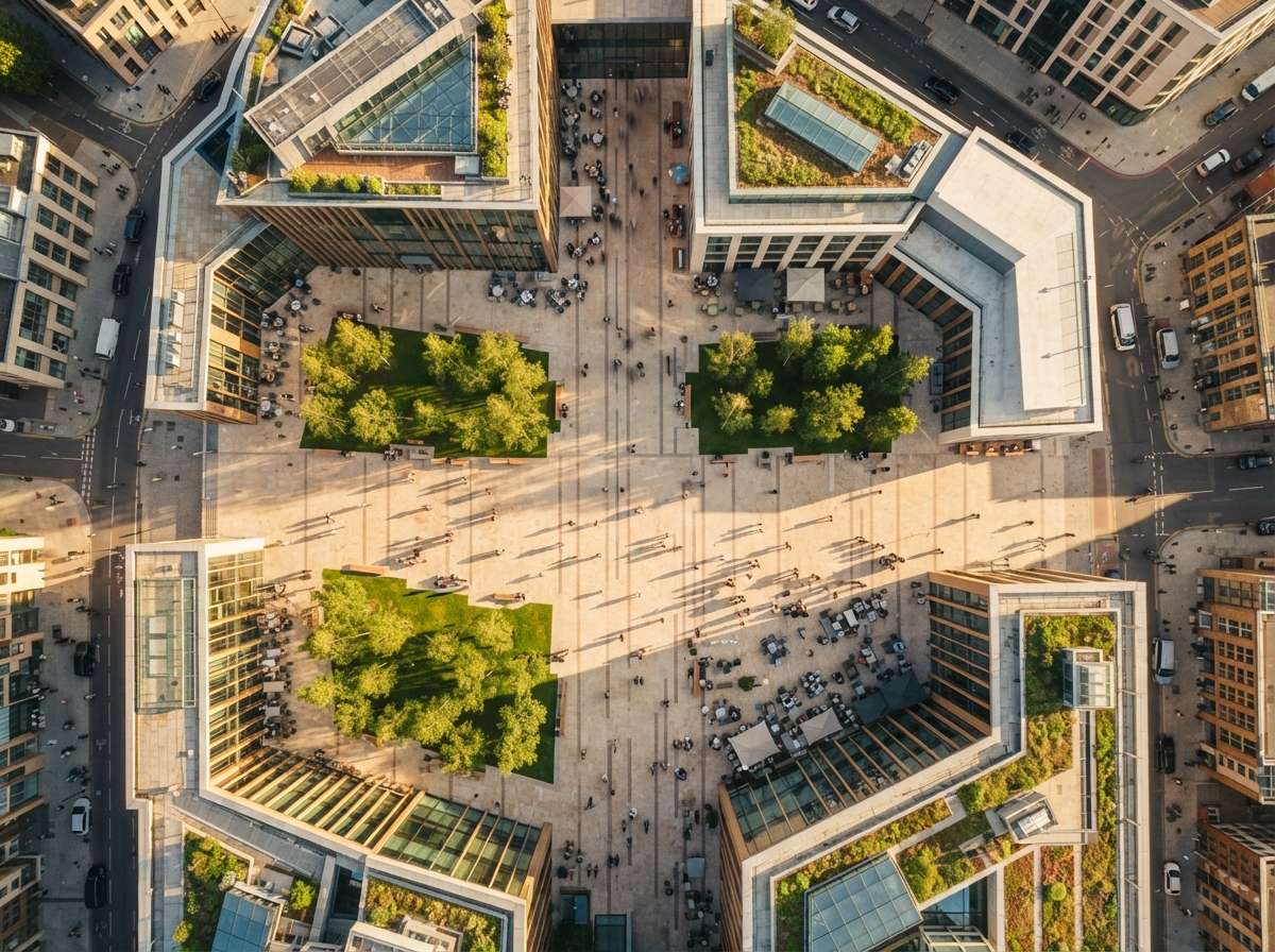 A top-down drone photograph of a sunny public plaza with pedestrians casting long shadows across paved walkways.