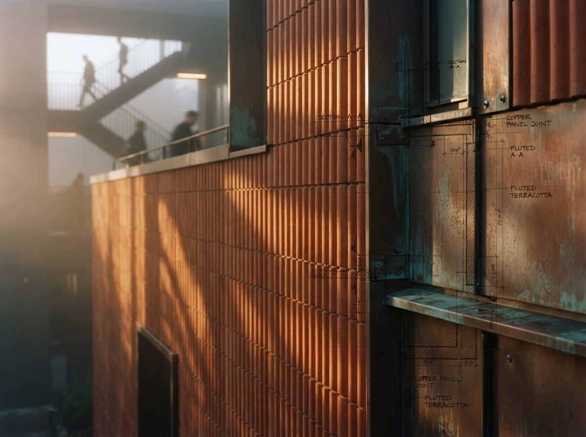 A close-up macro view of fluted terracotta facade tiles illuminated by sharp morning sunbeams through mist.