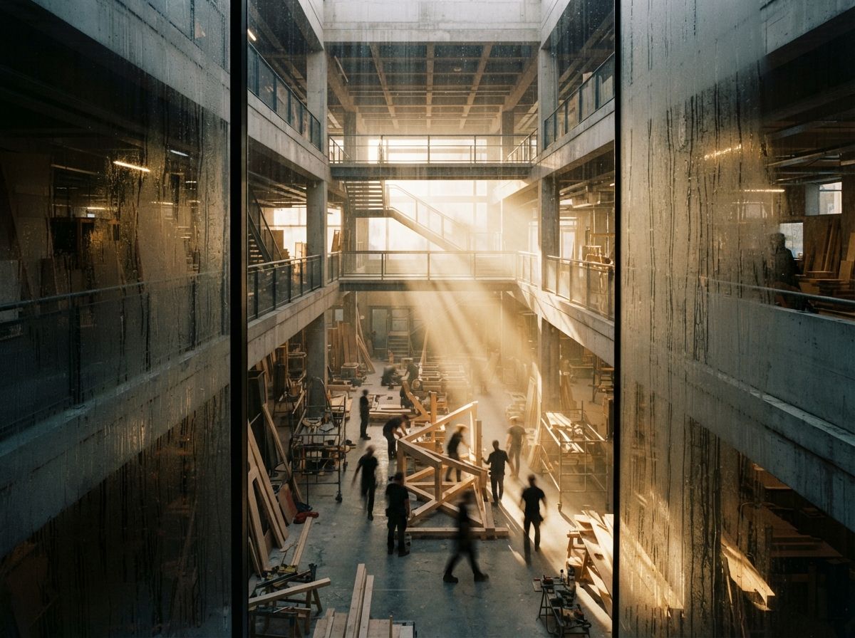 A view framed through condensed glass looking down at workers assembling a wooden structure.