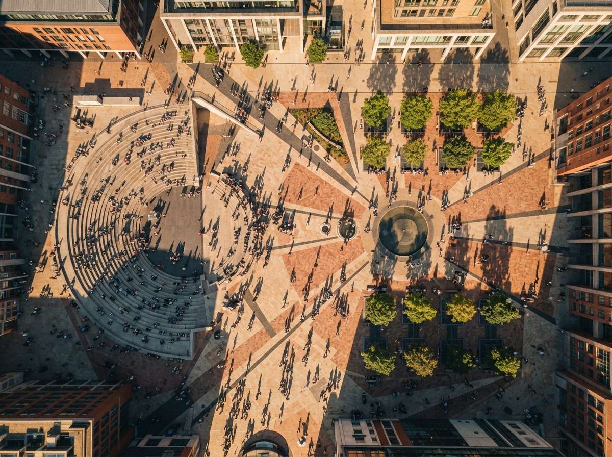 An overhead drone perspective of a geometric plaza with long pedestrian shadows at sunset.