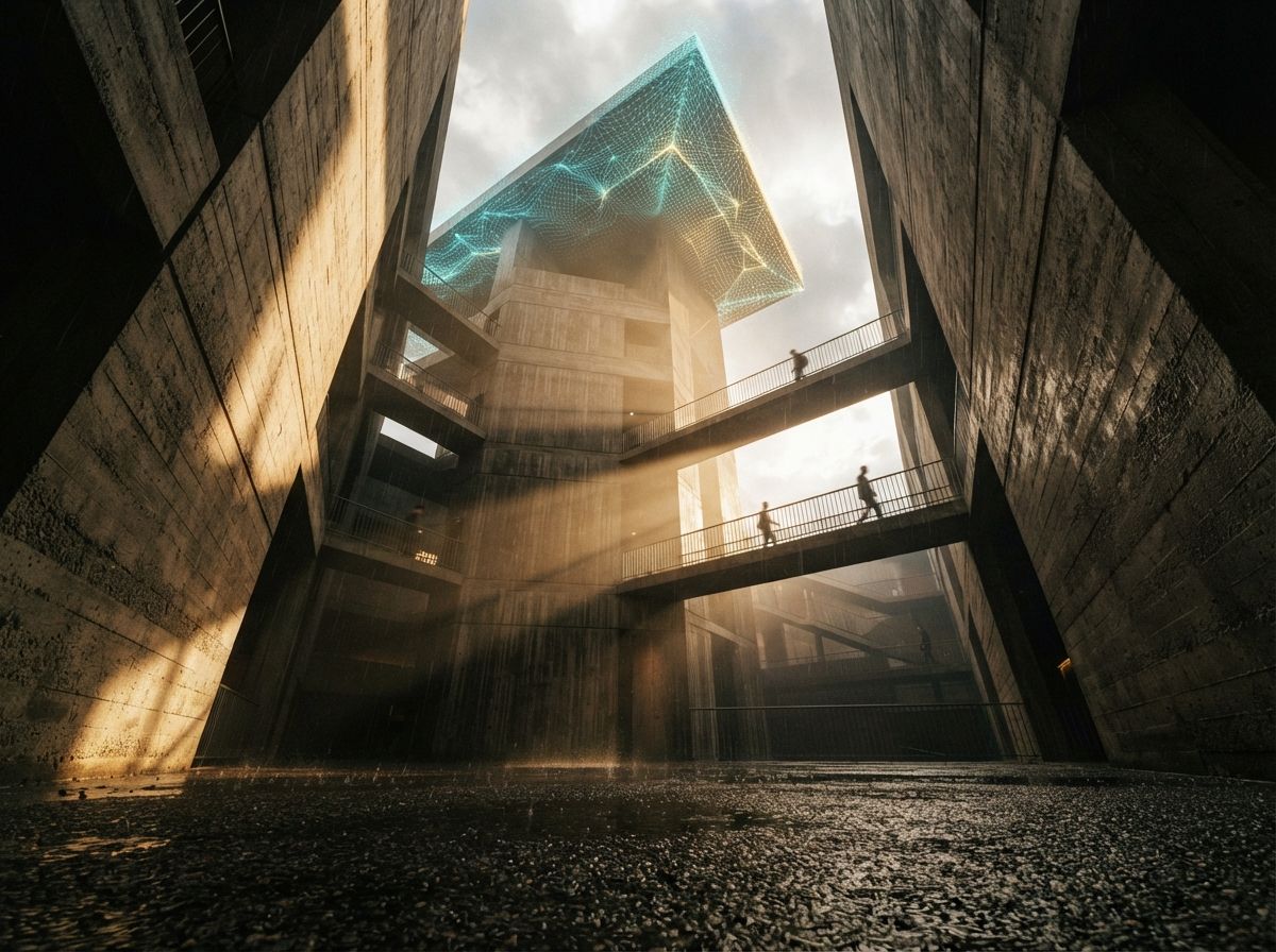 A worm's-eye view looking up a concrete atrium where upper floors dissolve into a digital wireframe.