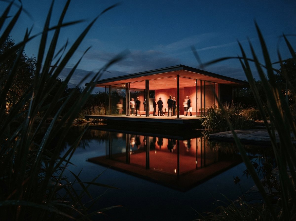 A dusk view through wet foreground vegetation showing a glowing glass pavilion reflected in a still pool.