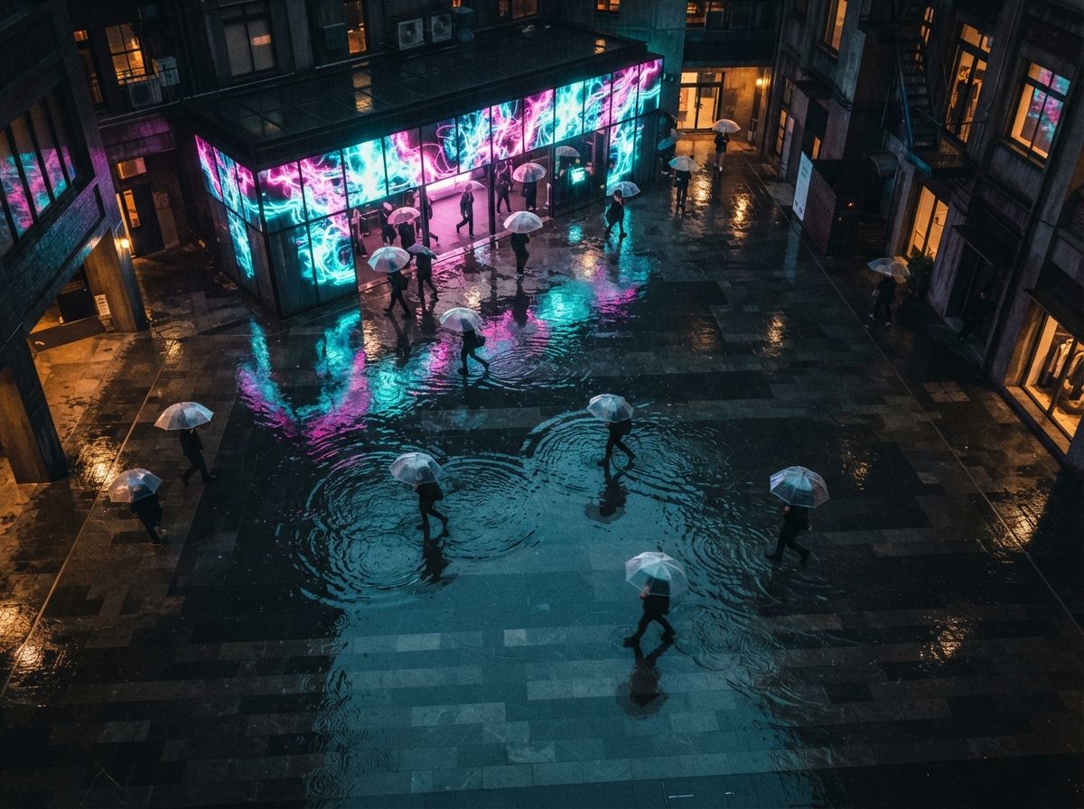 A top-down aerial drone view of a wet urban plaza at night reflecting vibrant neon lights.