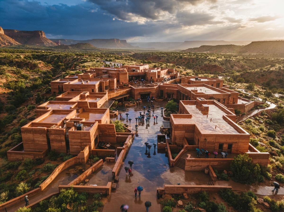 A top-down aerial photograph captures a rammed-earth building during a clearing desert storm.
